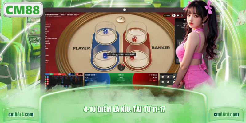 4-10 điểm là Xỉu, Tài từ 11-17